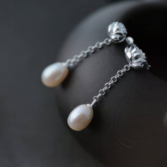 SOLD Genuine Freshwater Pearl Earrings Studs Sterling Silver Long Earrings - Picture 4 of 5